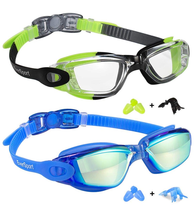 EverSport Kids Swim Goggles, Pack of 2 Swimming Goggles for Children Teens, Portable Anti-Fog Anti-UV Youth Swim Glasses Leak Proof for Age4-16, Green/Black & Mirrored Blue - Image 1